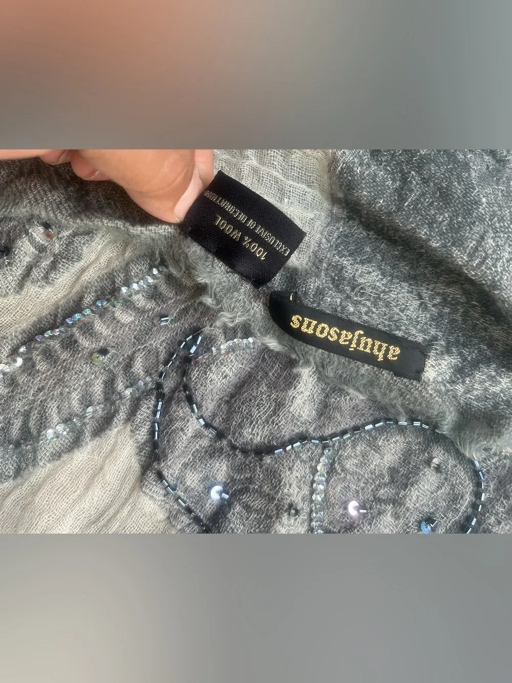 Ahujasons Gray & Cream Beaded Paisley Shawl Wrap
